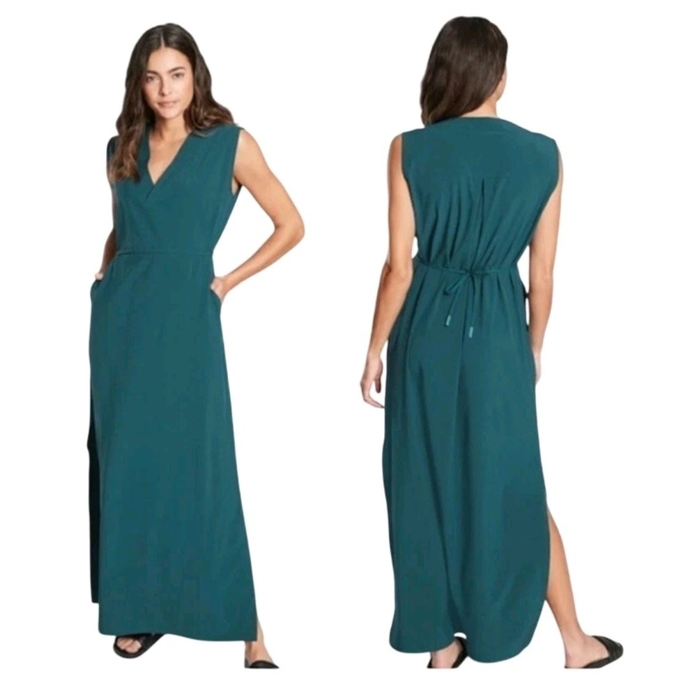 Athleta Marlow Maxi Dress Small Sleeveless V-Neck Pockets Teal Blue
